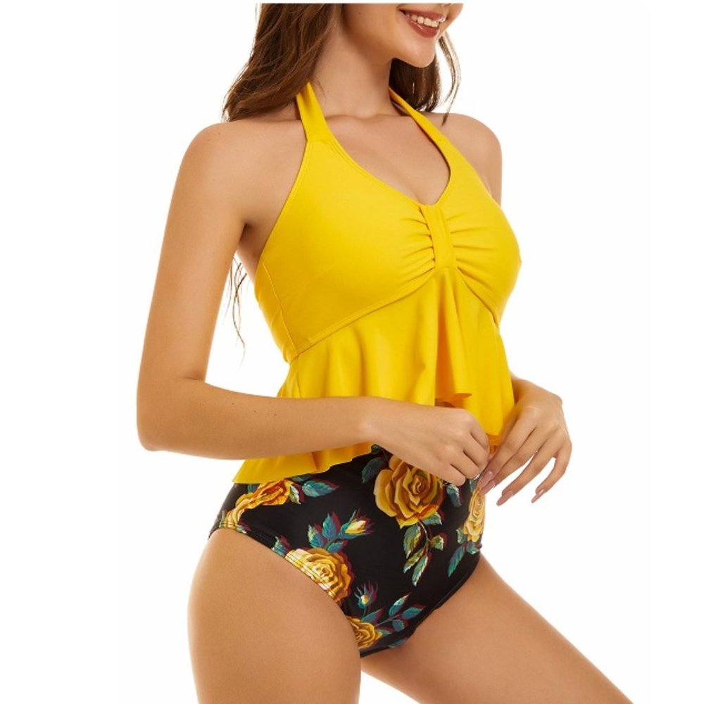 PEDDNEY High Waisted Tankini Ruched Flounce Halter 2- piece Swimsuit Set, Sz XXL